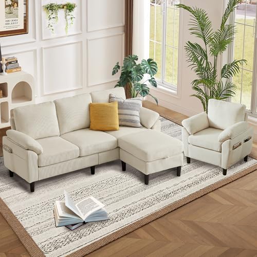 Image of 3 Pieces Corduroy Sofa Set for Living Room with Sofa, Storage Ottoman and Single Chair