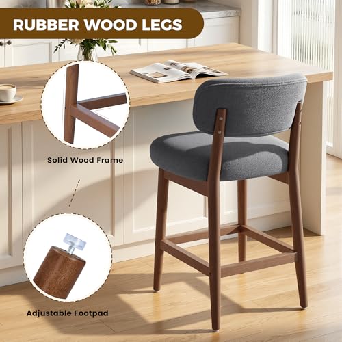 Image of Counter Height Bar Stools Set of 2, Mid-Century Modern Boucle Bar Chairs with Solid Wood Frame, Fluffy Upholstered Stools with Backrest for Kitchen Island, Home Bar, Dove Gray