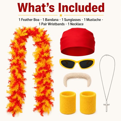 Gocasmus 6PCS Retro Wrestler Costume Accessories Set for Adults, Red Bandana Yellow Sunglasses Feather Boa Fake Mustache Wristbands Cross Necklace for Halloween Cosplay Costume Party - image 5