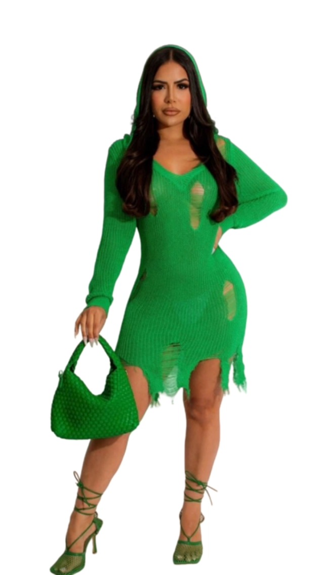 Watch New Long Sleeve Ripped Crochet Hooded V-Neck Sexy Mini Dress on  Amazon Live