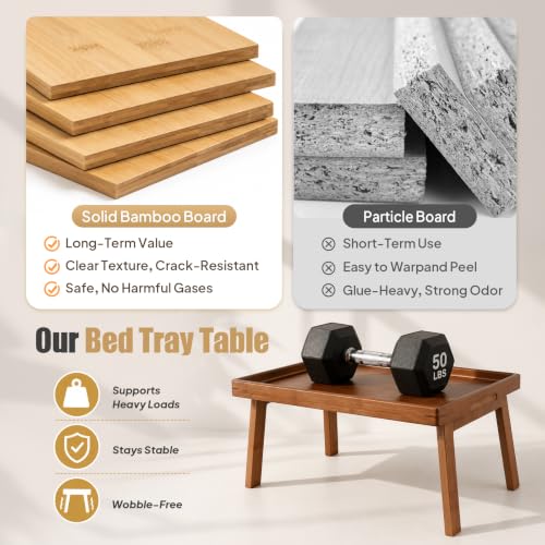 Image of Bamboo Bed Table Tray with Support Bar and Foldable Legs, Breakfast Food Trays Table for Bed Sofa Eating and Laptops, TV Lap Tray Table on Couch (Applied for Invention Patent)