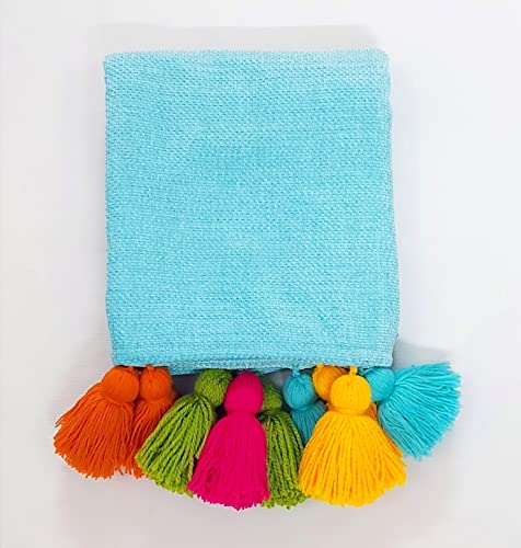 Image of WWW.THROWPILLOW.IN L Shape Sofa Cover 7 Seater- Blue Sofa Cover for L-Shaped Sofa-3 Seater+3 Seater+Corner,7 Seater L Shape Corner Sofa Cover Throw with Tassels, Coverage: 3 Sofa Seat Covers