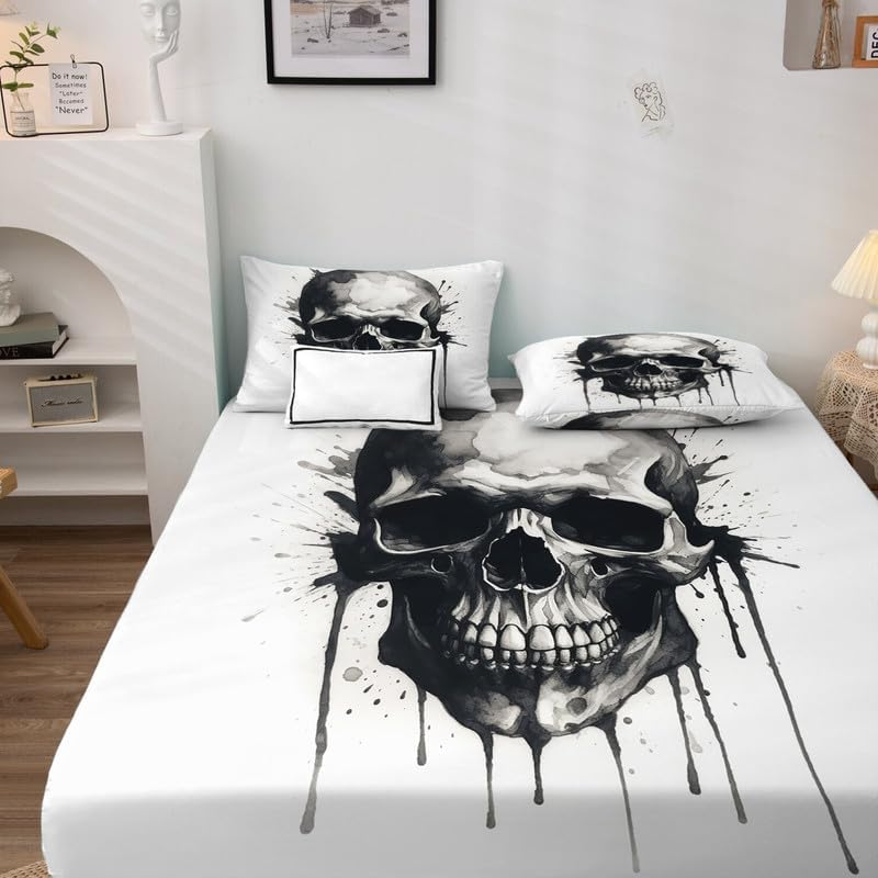 Miniatura 3 de Sábanas de calavera tamaño Queen Sábanas góticas de microfibra suave, bolsillo profundo, sábanas y fundas de almohada estampadas sin arrugas, 4