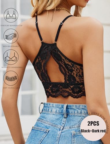 Image of Avidlove 2Pcs Lace Camisoles for Women High Neck Bralettes Racerback Adjustable Crop Top Lingerie