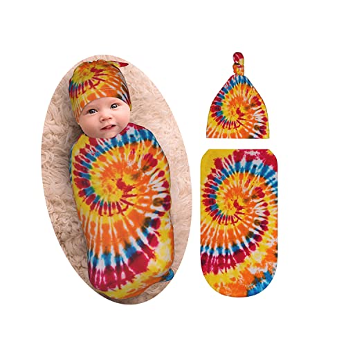 Image of Tie Dye Colorful Rainbow Baby Swaddle Blanket & Beanie Set, Soft & Stretchy Baby Blanket Swaddle Sack for Boy & Girl
