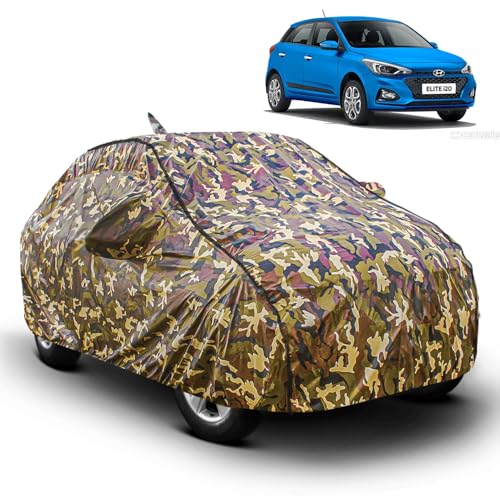 Image of FABTEC Car Body Cover for Hyundai Elite i20 Jungle Print with Soft Cotton Lining Waterproof Car Cover UV & Rain Protection with Mirror and Antenna Pocket Bottom Elastic (Military /Camouflage Pattern)