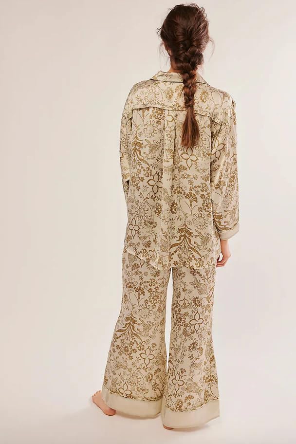 Image of LILTWIST Silk Satin Pajamas Set for Women 2 Piece Floral Pjs Wide Leg Lounge Pants Set Long Sleeve Button down Pj Shirts Set