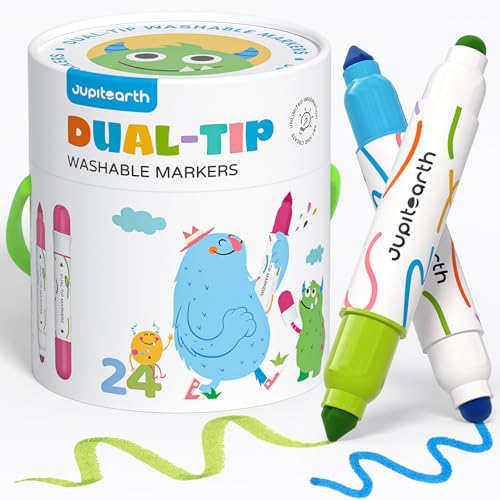 JUPITEARTH Washable Dual Tip Markers for Kids, Broad & Round Tip, Easy-Grip Design for Little Hands, 24 Vibrant Colors Toddler Markers with Portable...