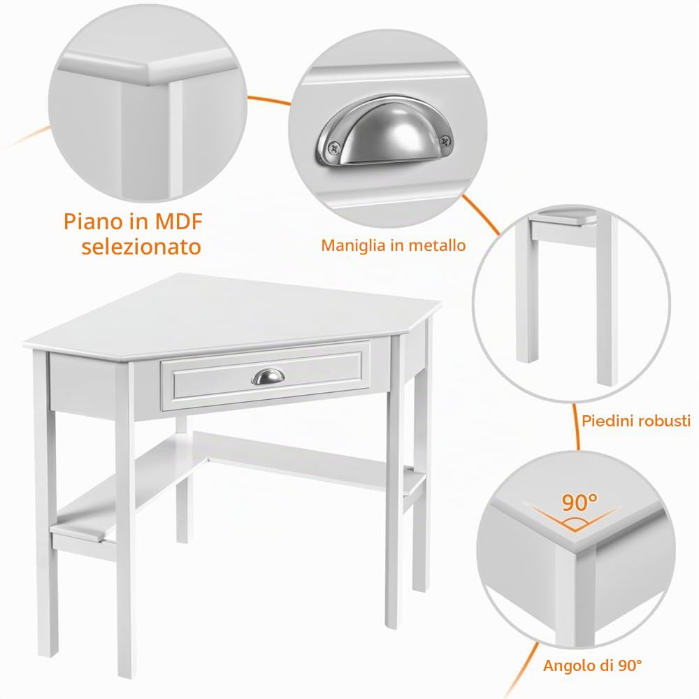 Yaheetech Scrivania Angolare per Computer Desktop Computer in Legno con Cassetto e Ripiano Portaoggetti per Postazione di Lavoro Elegante 106 × 71,5 × 76,5 cm Bianco