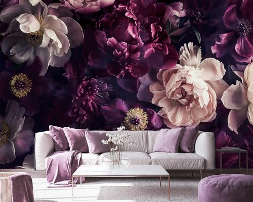 FWIEXA Black Peony Floral Wallpaper, Dark Purple Flower Wall Mural,