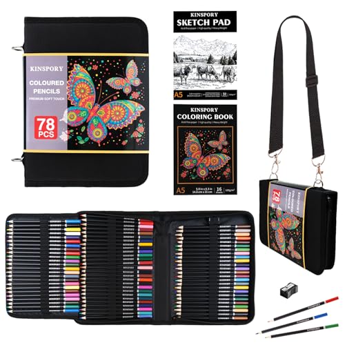 KINSPORY 78 Lápis de cores com minas macias de 3,0 mm, bloco de desenho 50 folhas 3 cores, kit de desenho com alça ajustável para ombro - presente para adultos artistas iniciantes meninas meninos