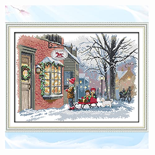 Cukol Kit Punto de Cruz Esquemas Navidad, Cuadros Punto de Cruz Kit Completo Contado Patrones con Impresa Hilos y Tela para Principiantes Hacer, Set Kits Bordado a Mano Escena de Nieve Cover