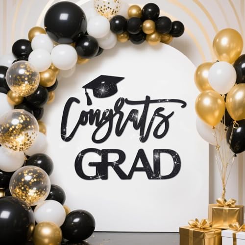 Whaline Glitter Congrats Grad Decal Sign Black Graduation Hat Felt Letter Sign for School Graduate Party Balloon Arch Backdrop Decor Photo Props