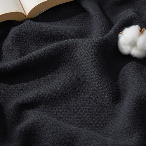 Bedsure GentleSoft 100% Cotton Blanket Queen Size for Bed - Cooling Breathable and Lightweight Soft Cozy Textured Herringbone Woven Summer Blanket for Home Decor Black 90x90 inches