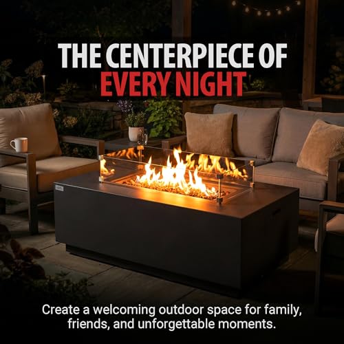 Image of AMS Fireplace Genuine Concrete Rectangular Propane Fire Pit Table for Outside Patio (66 inch Sedona) | Hidden Tank Drawer & Electronic Ignition | Bundle w /Wind Guard, Burner Lid & Cover (Dark Gray)