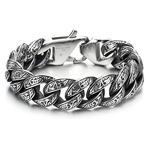 COOLSTEELANDBEYOND Mens Stainless Steel Vintage Fancy Curb Chain Bracelet with Tribal Tattoo Pattern, Retro Style, 8 inches Cover