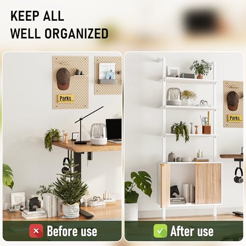 74" Tall Bookshelf with Storage Cabinet, Modern Ladder Shelf with Wood and Metal Frame, Wall Mount Bookcase Open Display Shelf Furniture for Living Room, Bedroom, Home Office, White and Oak - Image 6