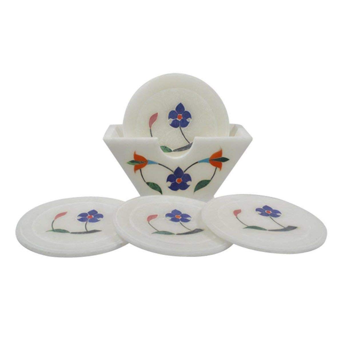 JHE Alabaster Marble Designer Marble Handmade Coaster Set Pack of 6 Plates with Marvelous Inlay Work for Hot and Cold Drinks