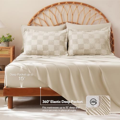 Image of MR&HM King Size Comforter Set 7 Pieces, Checkered Boho Tufted Bed Set Beige | Farmhouse Vintage Bed with Plaid Geometric Design, All-Season Bed in A Bag Comforter with Sheets, Pillow Shams & Pillowcases