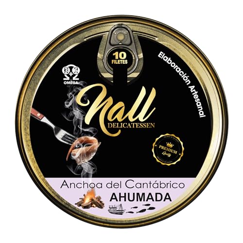 NALL DELICATESSEN Anchoas del Cantábrico XL 00 con aroma AHUMADAS | Elaboración Artesanal con Aceite de Oliva Virgen Extra | 10 Filetes/lata (1 Lata)