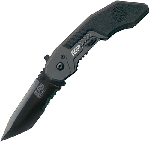 Smith & Wesson M&P SWMP3BSD Cuchillo plegable asistido de 7.1 pulgadas con hoja dentada de 2.8 pulgadas y mango de aluminio para exteriores,