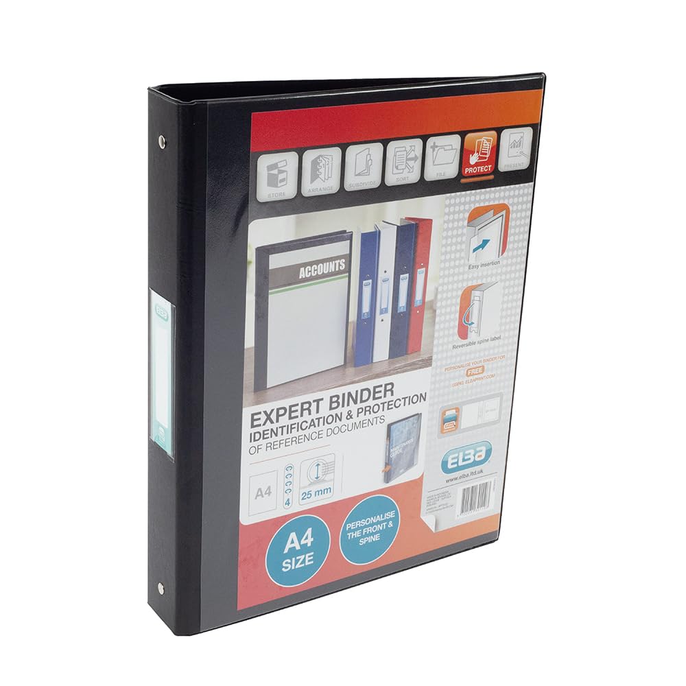 A4 4 O-Ring Binder, 25mm capacity, 30mm spine, Presentation Folder with Customisable Cover, Portrait, Black (Single)