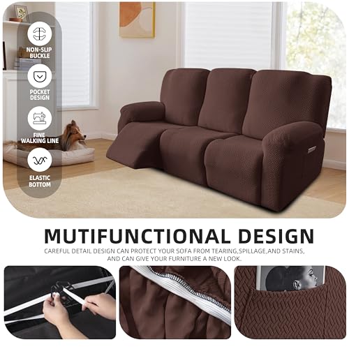 Image of Genina Recliner Sofa Covers - Stretch Reclining Couch Covers with Stripe Jacquard - 3 Seat Cushion Slipcovers with Soft Fabric - Furniture Protector for Pet Kid (Chocolate)