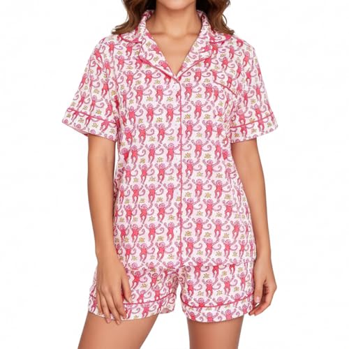 Cedemtuni Cute 2 Piece Roller Pajama Sets for Women Y2k Monkey Pjs Short Sleeve Holiday Sleepwear Pink S