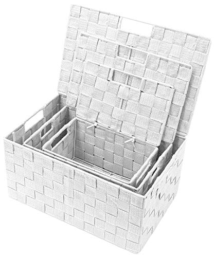 Sorbus Storage Box Woven Basket Bin Container Tote Cube Organizer Set Stackable Storage Basket Woven Strap Shelf Organizer Built-In Carry Handles (Lid Bins - 3 Pack, White) #TOP2