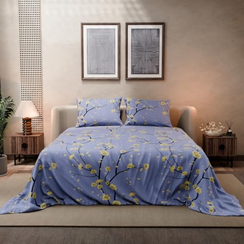 Image of BLISSHOME SoftTouch 140TC Cotton King Size Printed Bedsheet with 2 Pillow Covers for Double Bed, Silky Smooth Bedding Set, Breathable, Easy Maintain, Floral Print - Lavender, Yellow