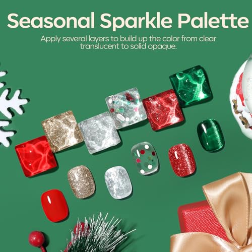 Image of modelones Christmas Gel Nail Polish Set, 6 Colors Cat Eye Red Green Glitter Gold Silver Winter Gel Polish Kit with Magnet Nail Stickers Soak Off Led Nail Art Manicure Salon DIY New Year Holiday Gifts