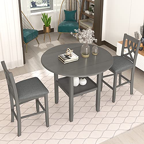 Image of Modern Rustic 3 Piece Round Counter Height Dining Table Set with with Drop Leaf Table,Bottom Shelf and 2 Padded Chairs,Wooden Kitchen Furniture for Small Places