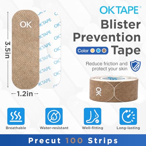 Image of OK TAPE Blister Prevention Tape, 100 Pcs, Moleskin for Blisters, No-Residue Blister Bandages for Feet & Body, Heel Patches, 1.2in X 3.5in Precut Strips - Brown