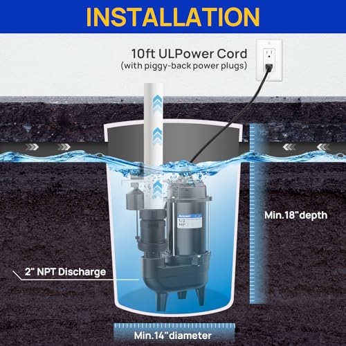 Image of Acquaer 1 /2HP Sump Pump Submersible, 6000 GPH Cast Iron Sewage Pump with Automatic Integrated Vertical Float Switch and Piggyback Plug, 2'' NPT Discharge Basements Pump for Sewers, Flood Zones