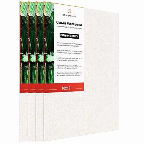 Image of Scholar Art Hobby Series 04 Oz (230 GSM) 100% Cotton Canvas Panel Board for Painting (White Blank Canvas Boards for Acrylic Paint, Oil Paint, Wet & Dry Media) | 10 inchx12 inch (25x30 cm), Pack of 4