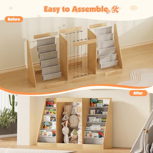 Image of NACHES Montessori Kids Bookshelf with Toy Storage, Extra Book Display Shelves for Toddlers, Front-Facing Book Organizer for Nursery Playroom Bedroom (Natural Wood)