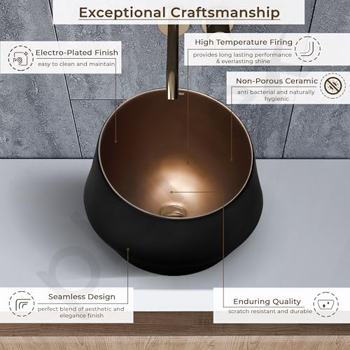 Image of Plantex Ceramic Tabletop Washbasin /Bathroom Basin Sink /Basin for Bathroom /Wash Basin for Restaurant /Hotel (Black & Red Bronze - 16 x 16 x 12 Inch)