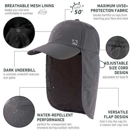 Image of TOP-EX L /XL /XXL UV50+ Waterproof Neck Flap Baseball Sun Cap | Large-head fit; UPF 50+ ear and neck coverage; waterproof shell; adjustable drawcord for fishing, hiking and outdoor work