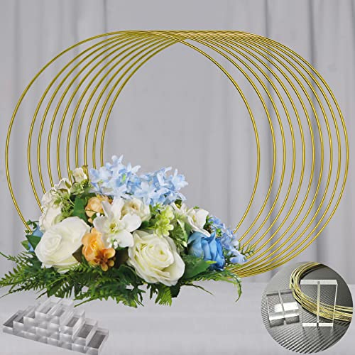 YALLOVE 10 PCS 14 Inch Floral Hoop Table Centerpiece Gold Metal Wreath Ring Stand with Crystal Clear Acrylic Base for Balloon and Flower Decoration Flower NOT Included