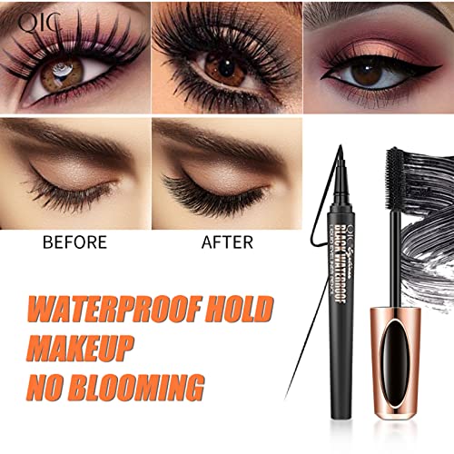 2 in 1 Mascara de Pestañas 4D Waterproof, con Fibras de Seda, Máscara de Larga Duración para Definición y Volumen + Delineador líquido de ojos a prueba de agua, negro