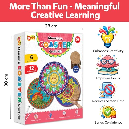 Image of Little Berry Mandala Coaster Painting Kit for Kids & Adults | DIY Wooden Tea Coaster Craft Kit with 6 Pre-Marked Coasters, 12 Non-Toxic Paints, Brush & Stand | Art & Craft Gift for Boys & Girls 5+
