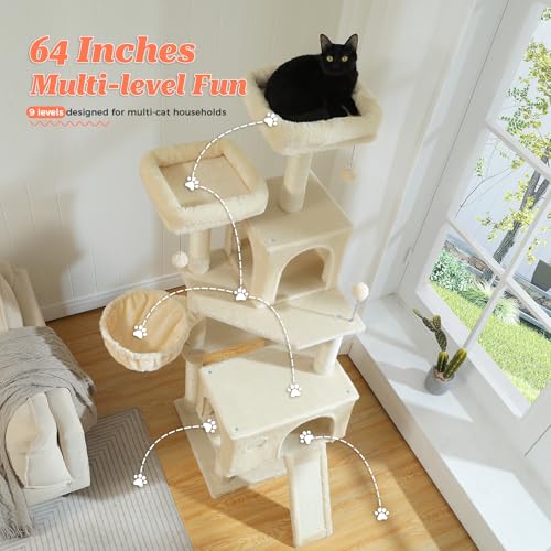 Árbol para Gatos Grande 64 Pulgadas Beige Multi-niveles Interior miniatura 3