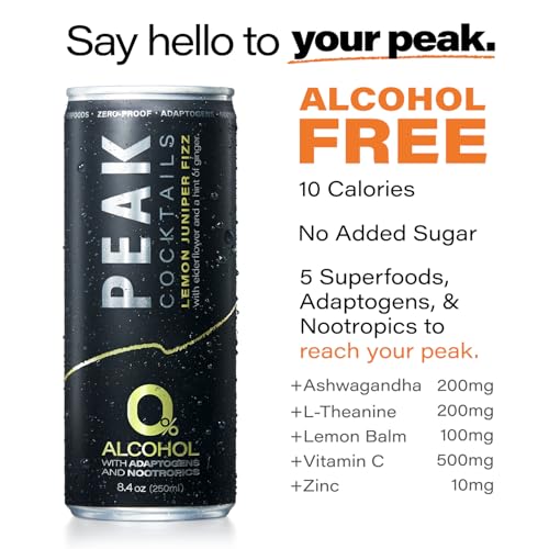 Image of Peak Cocktails Non Alcoholic Drinks, Adaptogen, Lemon Juniper Fizz 24 Pack | Calming, ashwagandha, tart cherry, L-theanine nootropic blend; recovery, sleep & mood, non-alcoholic, zero proof, crisp