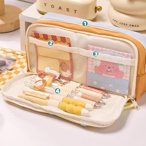 Image of Canvas School Bag Pencil Case, 3 Layer 6 Compartment Large Capacity, Aesthetic Pencil Pouch for Stationary, Cute Stationery for Kids, Pencil Case for Girls & Boys (Olive Green Dori)