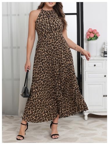 Image of Floerns Women's Plus Size Boho Sleeveless Halter Neck Tie Back A Line Long Dress