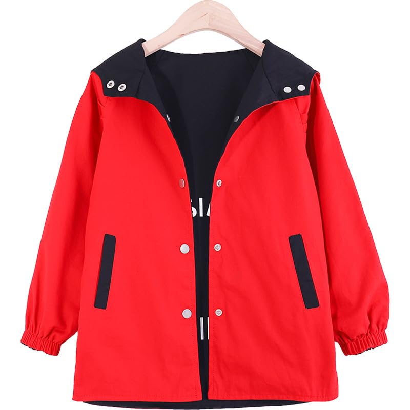 Girls Hooded Trench Coat Lightweight Jacket Lapel Button Down Jacket Color Block Windbreaker4
