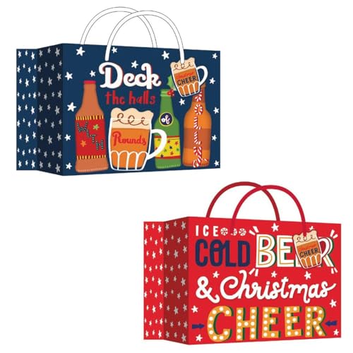 Pack of 2 Christmas Beer Bottle Gift Bags 6 Compartments Per Bag - Red Blue Festive Design Gift Present Cider Ale Drinks Wine Prosecco - Carrier Handles With Tag