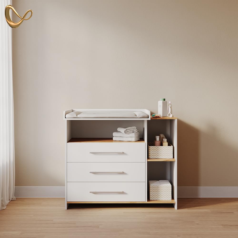 Livinity Cambiador Torino, Roble Blanco/Dorado, con 3 cajones