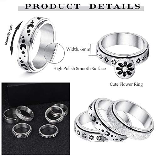 FIBO STEEL 6Pcs Stainless Steel Spinner Ring for Women Fidget Band Rings Moon Star Sand Blast Finish Ring Set for Stress… - Image 3