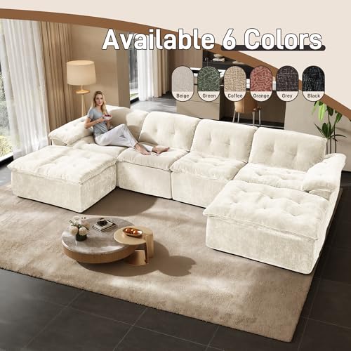 Image of 157 inch Oversized U Shaped Sectional Cloud Couch, Large Modern Cloud Sectional Couch with Ottoman, Chenille 6 Seat Sofa Set, Modular Sectional Sofa for Living Room, No Assembly Required, Beige